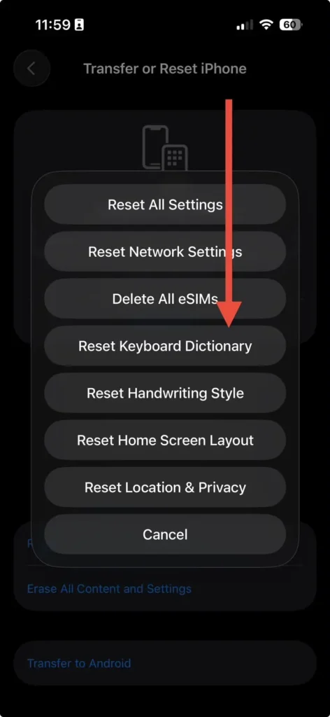 Reset Keyboard Dictionary option on iPhone