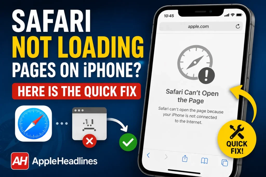 iPhone displaying a Safari page loading error with a quick fix illustration and AppleHeadlines branding.
