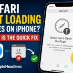 iPhone displaying a Safari page loading error with a quick fix illustration and AppleHeadlines branding.