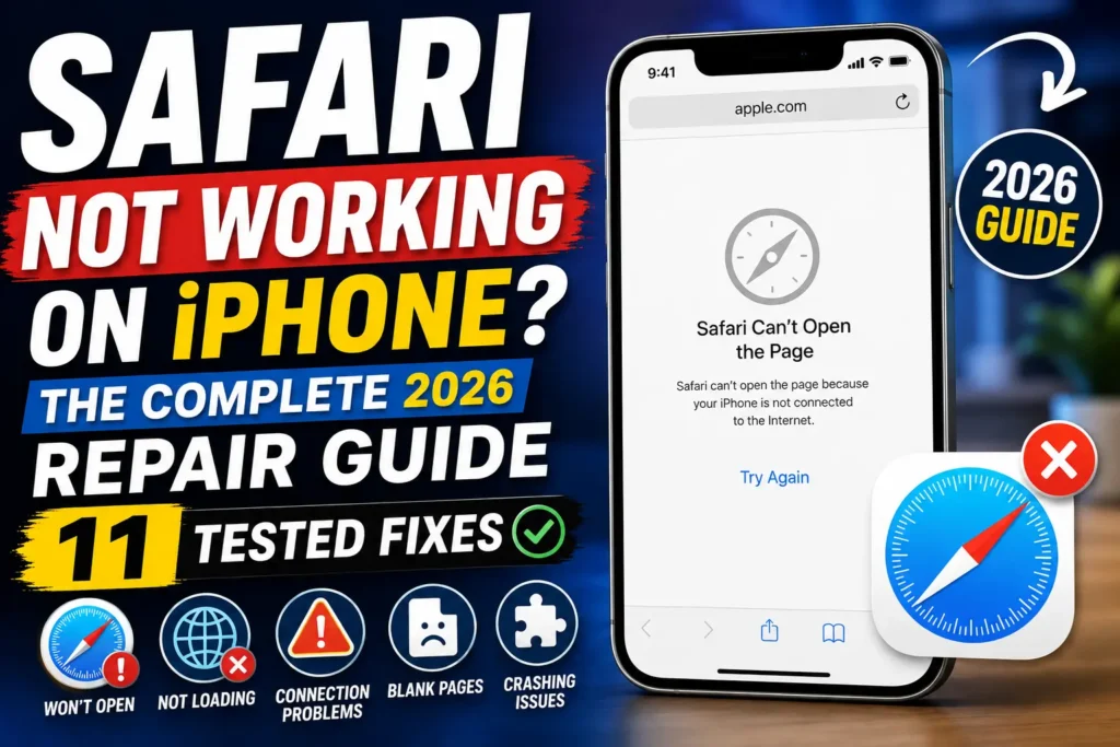 iPhone displaying a Safari error page with troubleshooting icons for fixing Safari not working on iPhone in 2026.