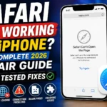 iPhone displaying a Safari error page with troubleshooting icons for fixing Safari not working on iPhone in 2026.