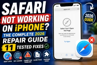 iPhone displaying a Safari error page with troubleshooting icons for fixing Safari not working on iPhone in 2026.