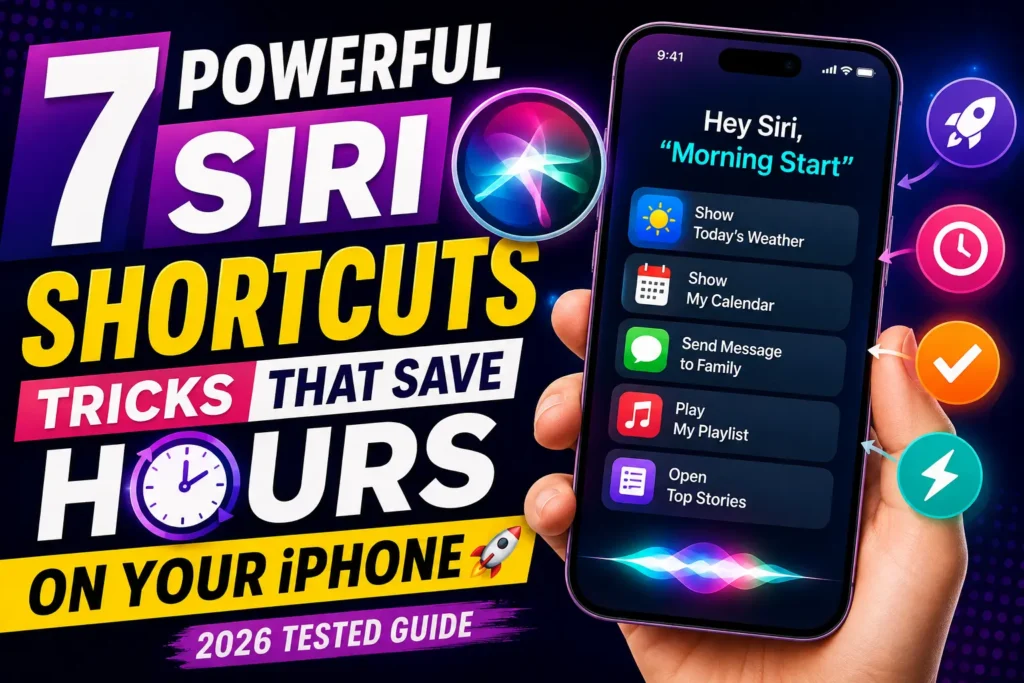 Illustration showing Siri Shortcuts on iPhone with voice commands that automate daily tasks in iOS 26.