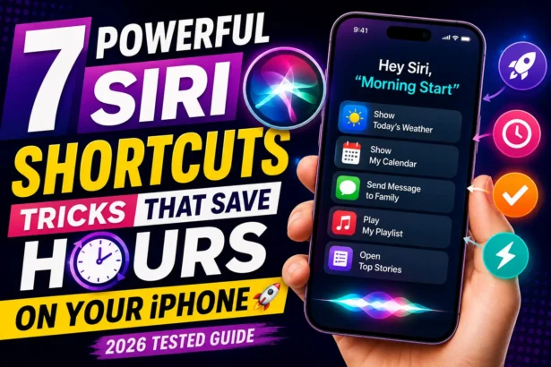 Illustration showing Siri Shortcuts on iPhone with voice commands that automate daily tasks in iOS 26.