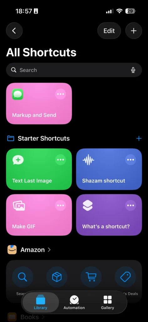 The Shortcuts app on an iPhone showing the All Shortcuts library with starter shortcuts and custom automation options.