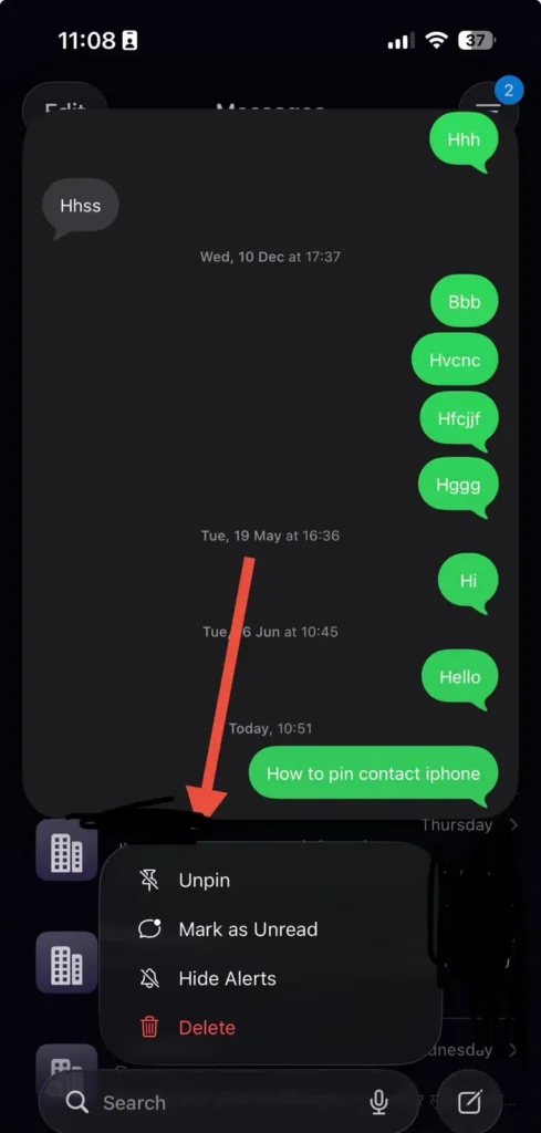Messages app menu displaying the Unpin option to remove a favorite conversation