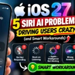 Frustrated woman holding an iPhone beside five Siri AI problems in iOS 27