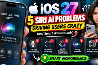 Frustrated woman holding an iPhone beside five Siri AI problems in iOS 27