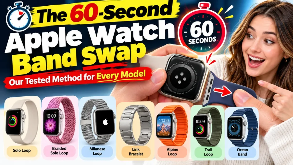 Apple Watch band being changed in seconds with multiple Apple Watch band styles shown below