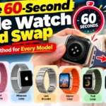 Apple Watch band being changed in seconds with multiple Apple Watch band styles shown below