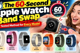 Apple Watch band being changed in seconds with multiple Apple Watch band styles shown below