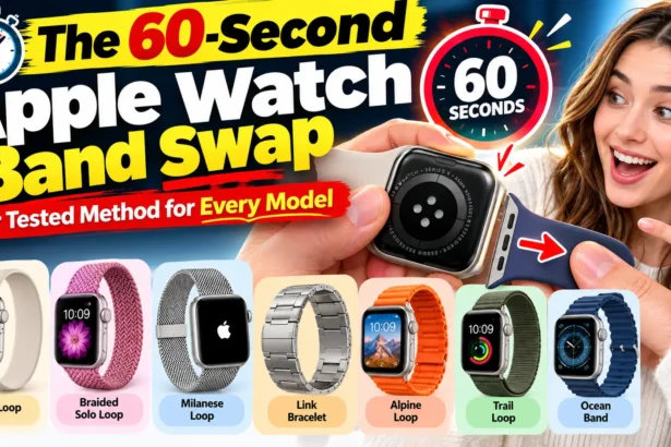 Apple Watch band being changed in seconds with multiple Apple Watch band styles shown below