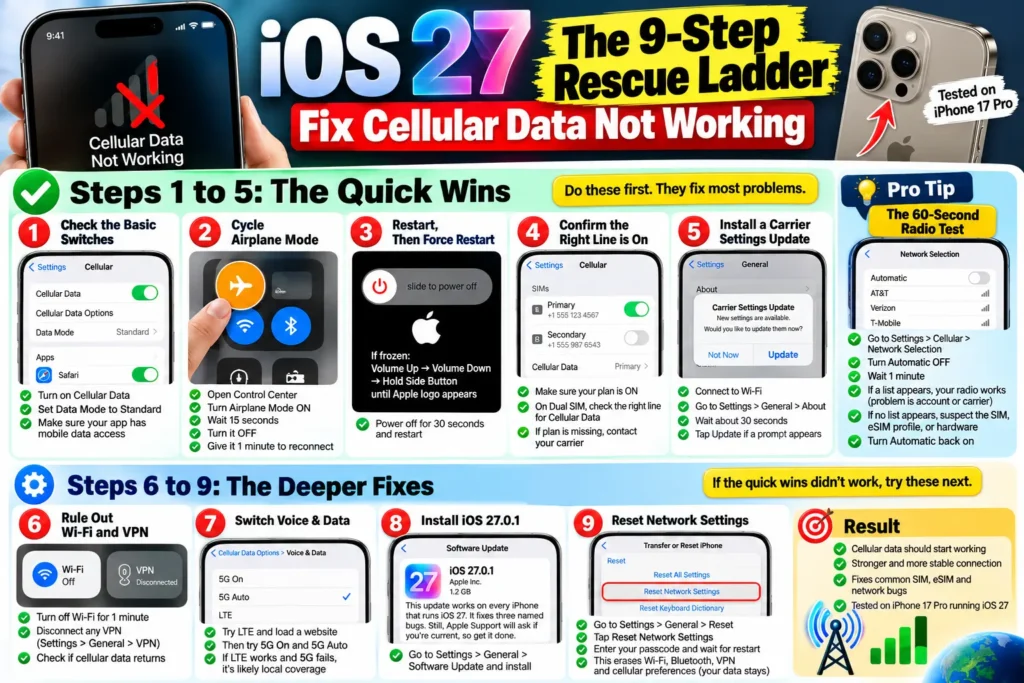 iOS 27 cellular data troubleshooting infographic showing nine fixes, including Airplane Mode, SIM settings, 5G, and network reset
