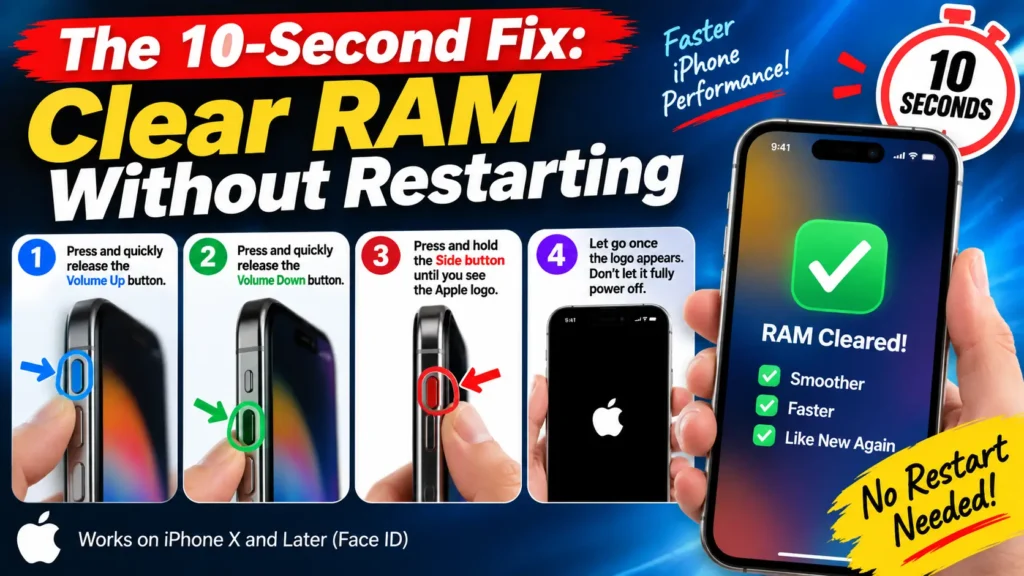 Step-by-step guide showing the iPhone button sequence to refresh the device, including Volume Up, Volume Down, and Side button presses.