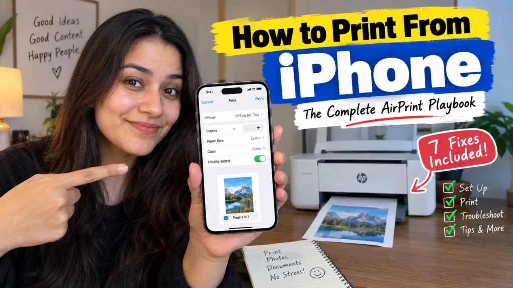 Woman holding an iPhone showing the Print menu beside a wireless printer