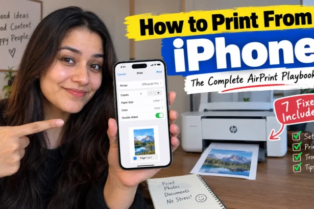 Woman holding an iPhone showing the Print menu beside a wireless printer