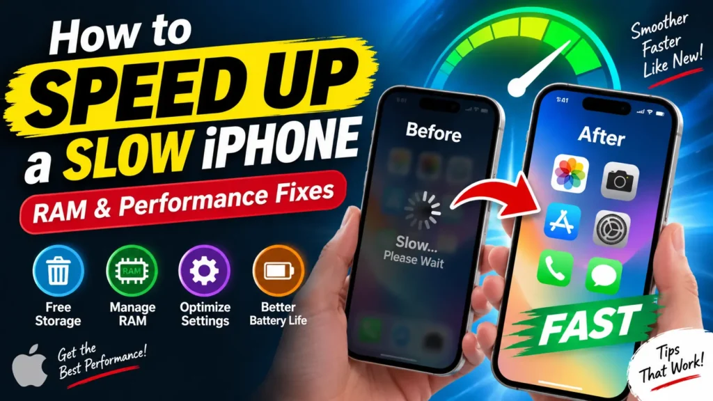 Visual guide showing how to speed up a slow iPhone with RAM and performance optimization tips.