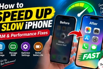 Visual guide showing how to speed up a slow iPhone with RAM and performance optimization tips.
