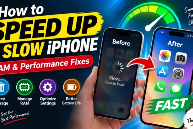 Visual guide showing how to speed up a slow iPhone with RAM and performance optimization tips.