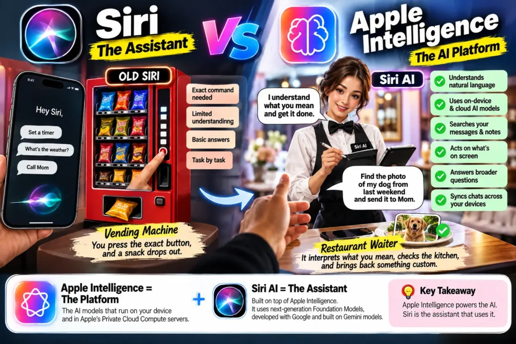 Siri vs. Apple Intelligence infographic comparing old Siri's exact commands with AI-powered natural language assistance