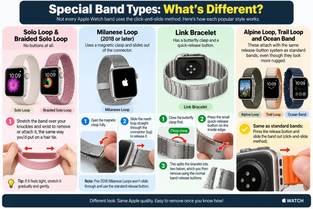 Apple Watch band types including Solo Loop, Milanese Loop, Link Bracelet, Alpine Loop, Trail Loop, and Ocean Band