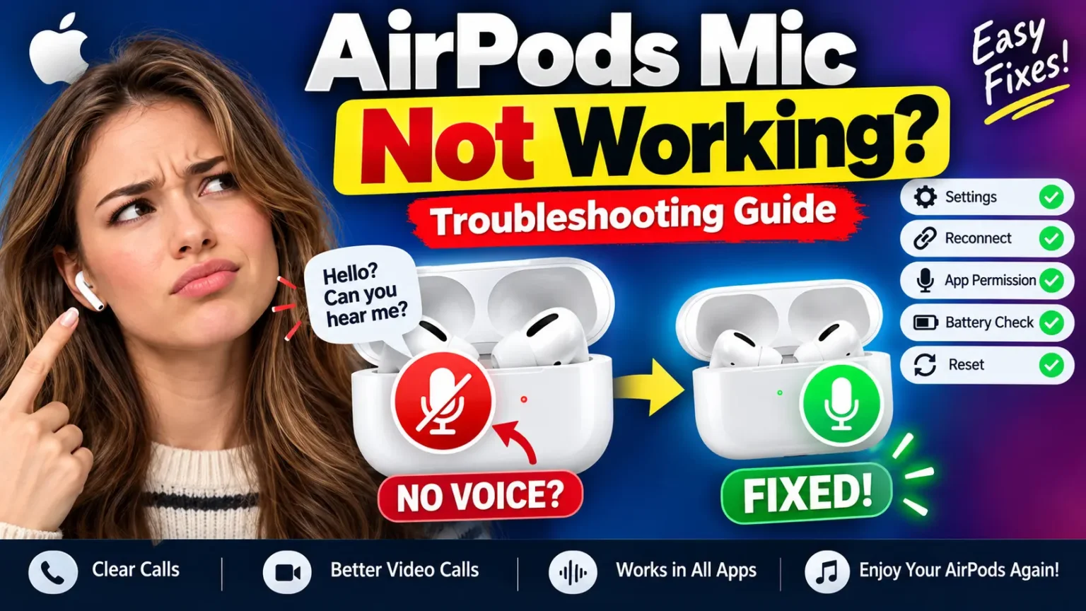 AirPods mic not working troubleshooting guide with common microphone fixes