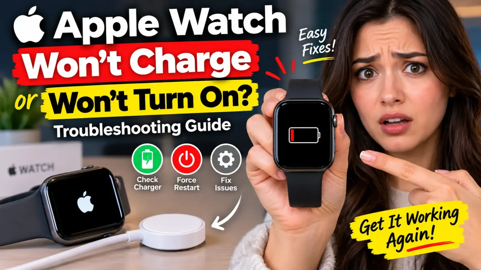 Apple Watch showing a low battery icon while a woman checks the charger
