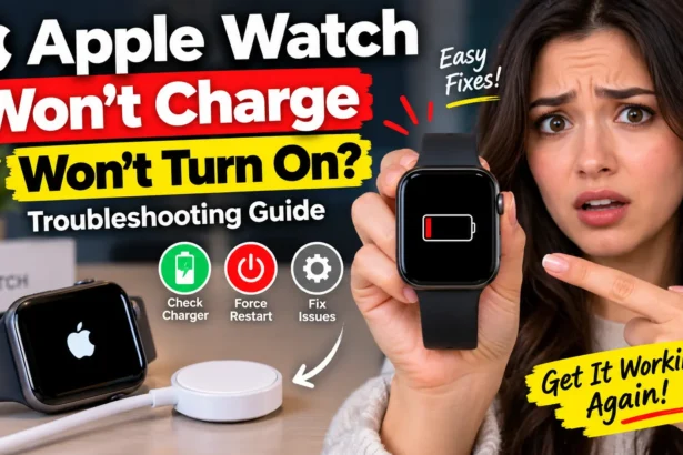 Apple Watch showing a low battery icon while a woman checks the charger