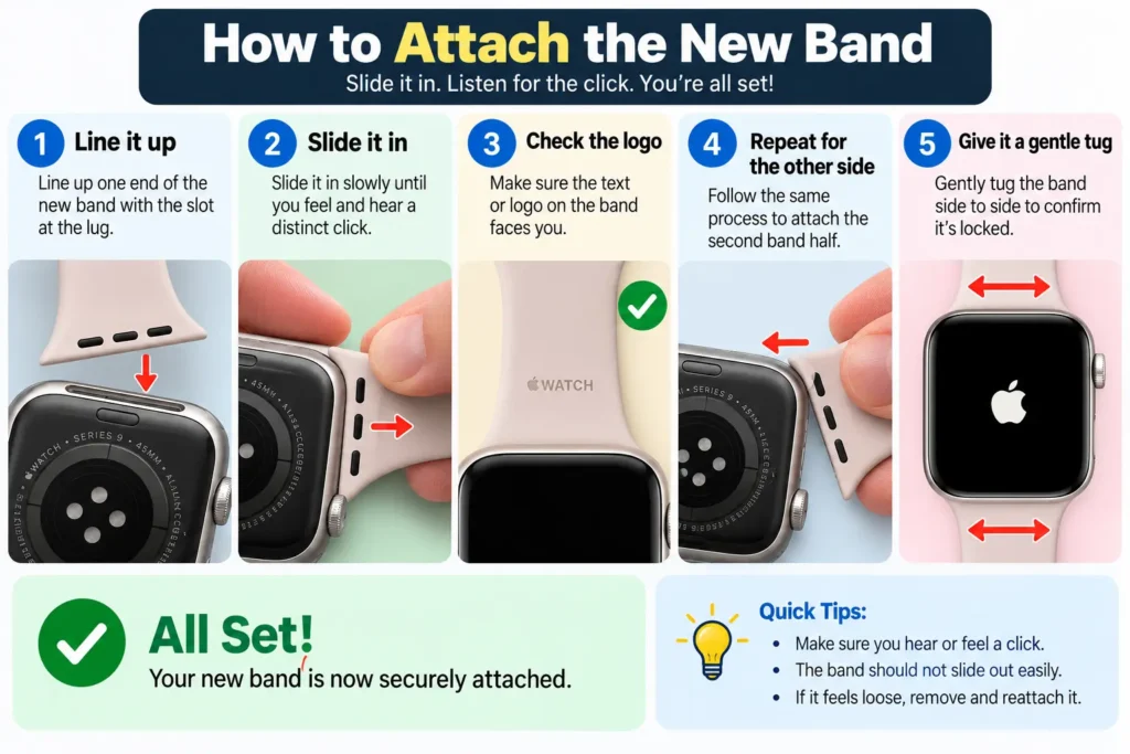 Hands sliding a new Apple Watch band into the watch case until it clicks securely into place