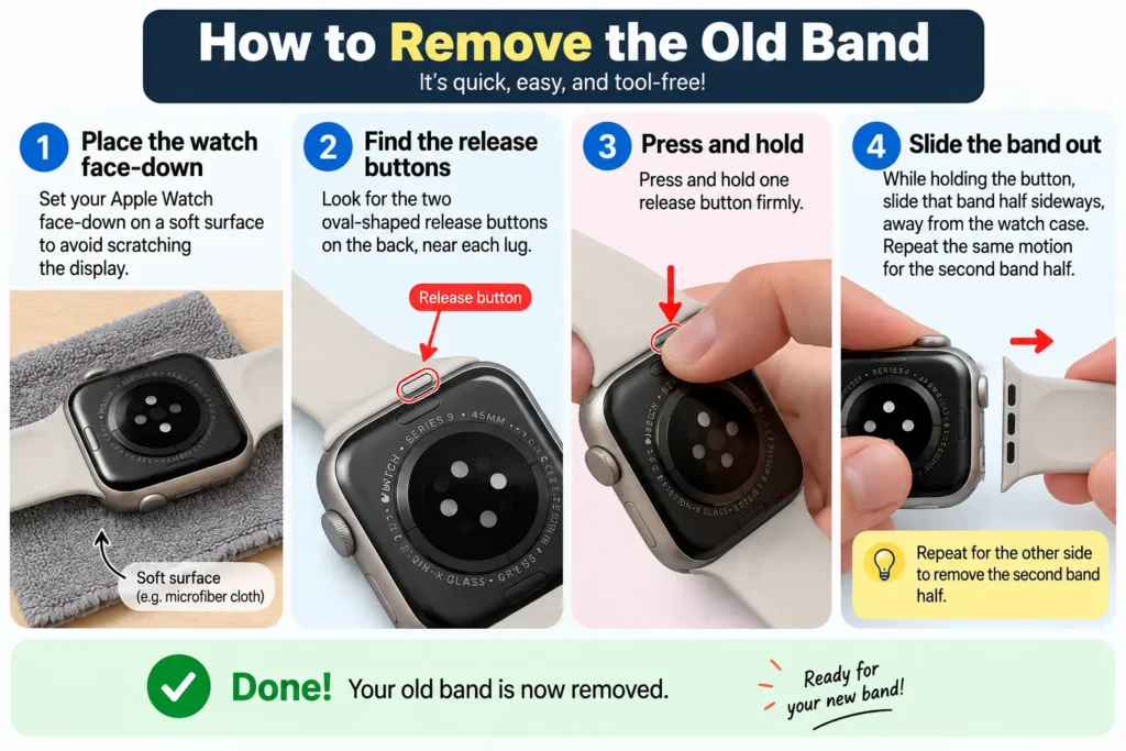 Hands pressing the Apple Watch band release button and sliding the old band out of the watch case