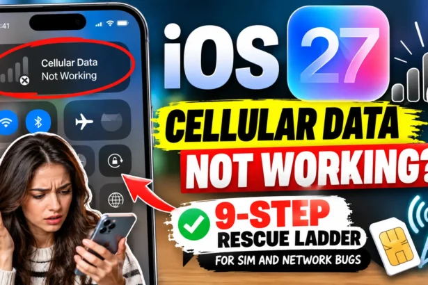 Woman holding an iPhone showing cellular data not working on iOS 27