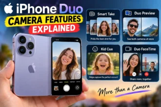 iPhone Duo showing Smart Take, Duo Preview, Kid Cue and Duo FaceTime features
