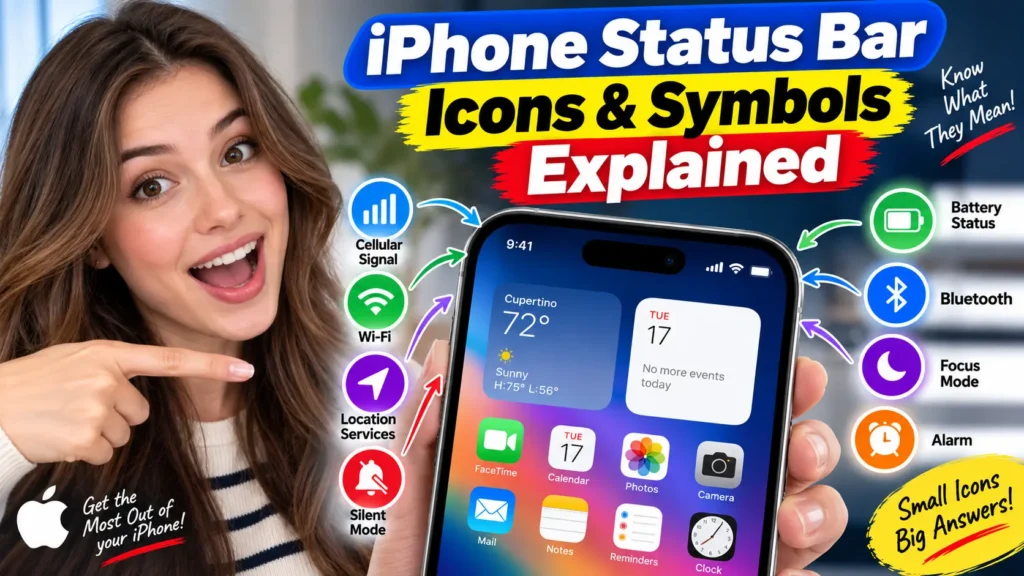 Woman pointing at an iPhone showing status bar symbols for Wi-Fi, cellular signal, battery, Bluetooth, Focus, location, and silent mode.
