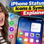 Woman pointing at an iPhone showing status bar symbols for Wi-Fi, cellular signal, battery, Bluetooth, Focus, location, and silent mode.