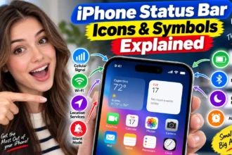 Woman pointing at an iPhone showing status bar symbols for Wi-Fi, cellular signal, battery, Bluetooth, Focus, location, and silent mode.