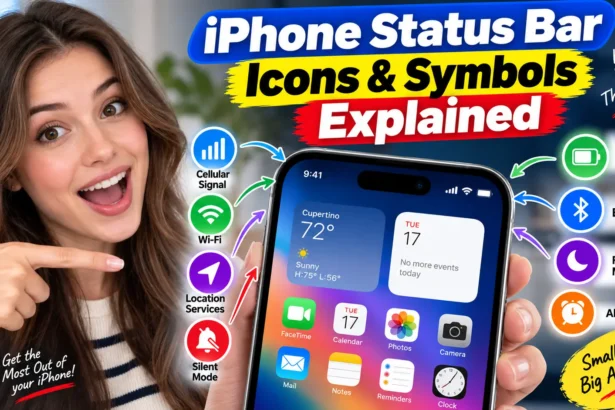 Woman pointing at an iPhone showing status bar symbols for Wi-Fi, cellular signal, battery, Bluetooth, Focus, location, and silent mode.