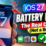 iPhone showing a low battery warning with an iOS 27 battery drain headline and seven verified fixes