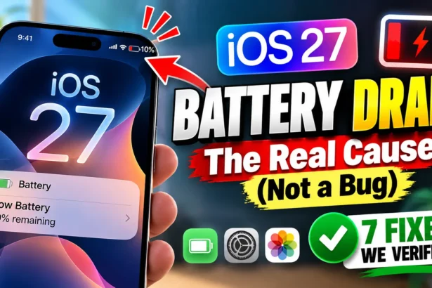 iPhone showing a low battery warning with an iOS 27 battery drain headline and seven verified fixes