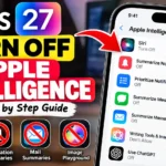iOS 27 iPhone screen showing Apple Intelligence, Siri, notification summaries, and AI features turned off.
