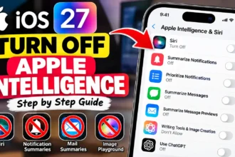 iOS 27 iPhone screen showing Apple Intelligence, Siri, notification summaries, and AI features turned off.