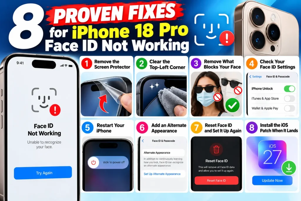 Eight iPhone Face ID troubleshooting steps, including cleaning the sensor, checking settings, restarting, and resetting Face ID.