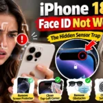 iPhone Face ID troubleshooting thumbnail showing a woman holding her phone and a close-up of the front sensor.