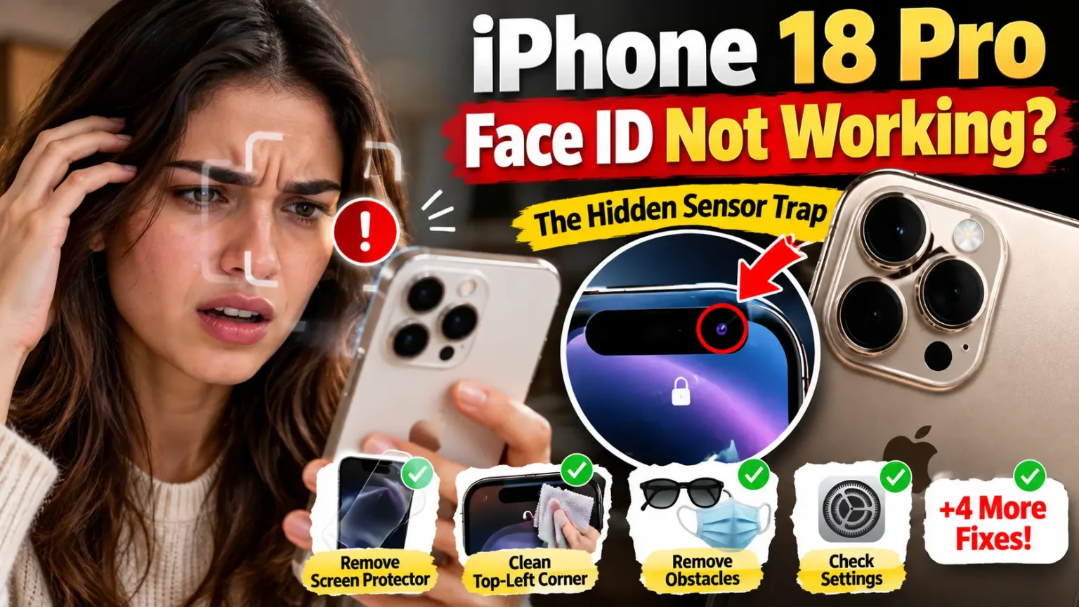 iPhone Face ID troubleshooting thumbnail showing a woman holding her phone and a close-up of the front sensor.