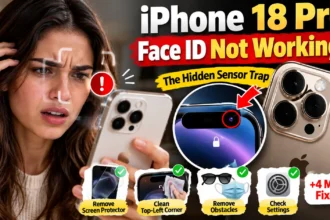 iPhone Face ID troubleshooting thumbnail showing a woman holding her phone and a close-up of the front sensor.