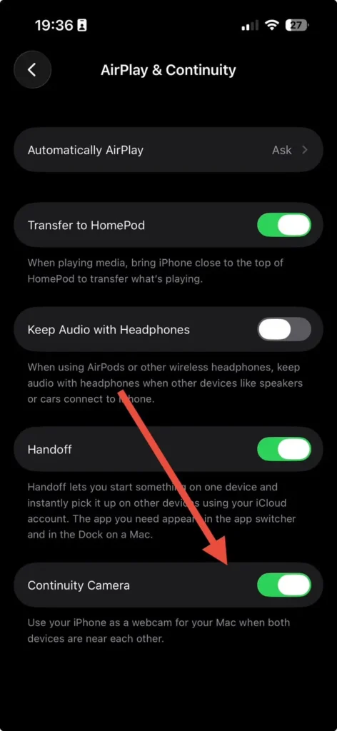 iPhone AirPlay and Continuity settings showing Continuity Camera enabled