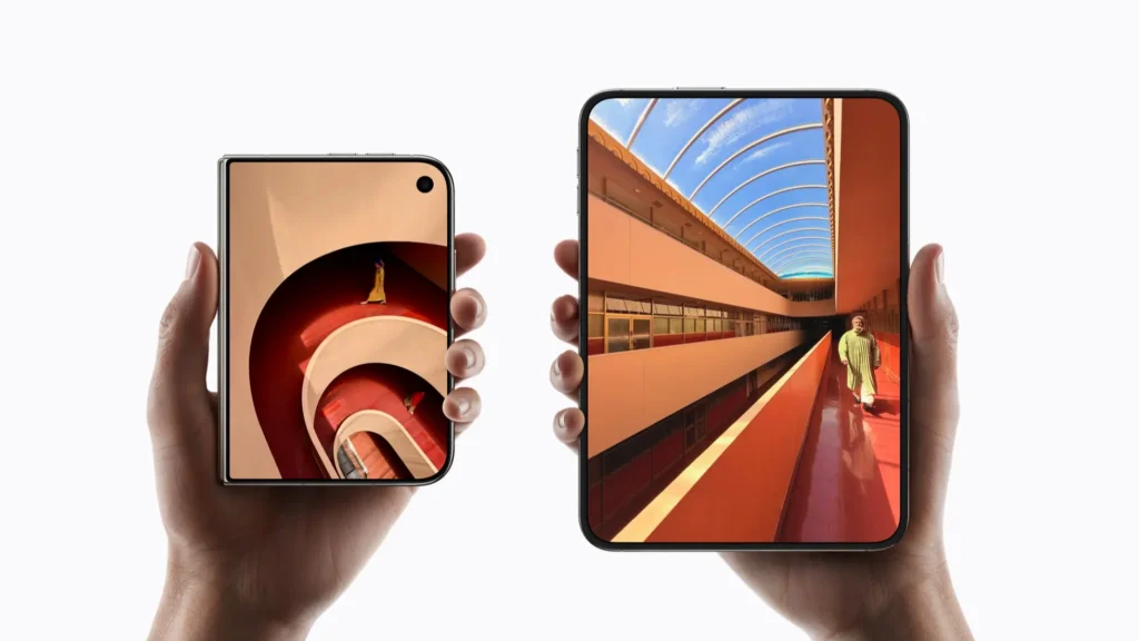 Hands holding Duo iphones with colorful displays
