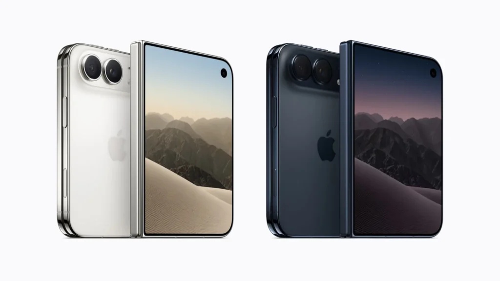 Two iPhone Duo shown in silver and dark blue finishes