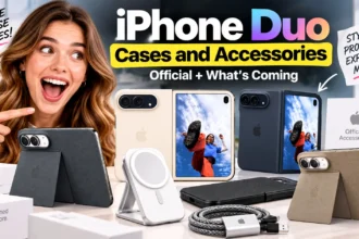 Woman showcasing foldable smartphone cases and accessories