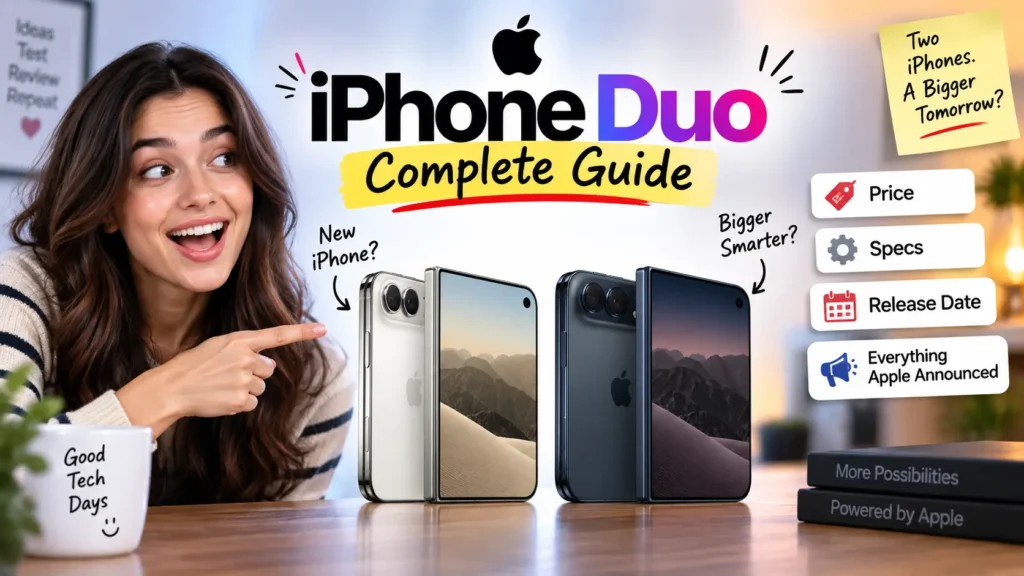 Woman pointing toward two foldable smartphones in a tech review thumbnail