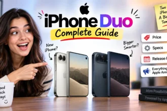Woman pointing toward two foldable smartphones in a tech review thumbnail